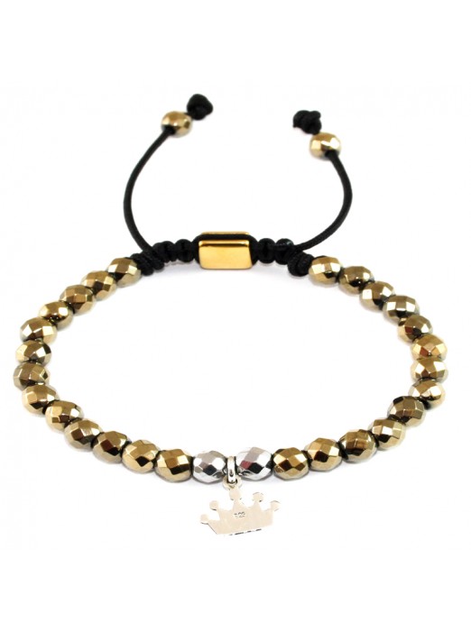 PULSERA HEMATITES CON CORONA EN PLATA DE LEY 925